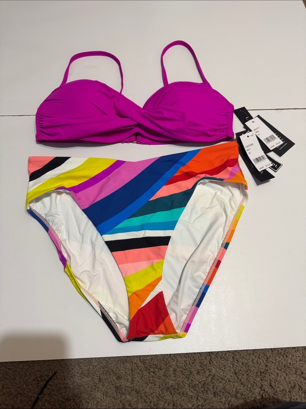 La Blanca Magenta Twist Bandeau Top with Multi-Color Stripe High-Waist Bottom